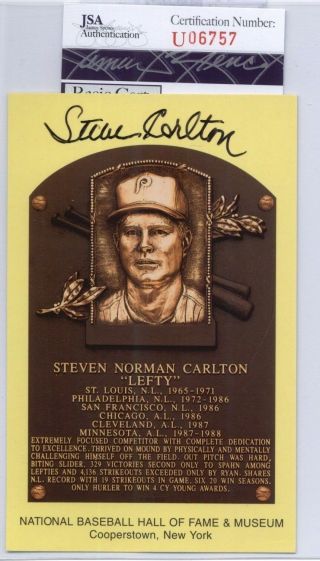 Steve Carlton Phillies Signed Hall Of Fame Yellow Plaque Postcard - Jsa