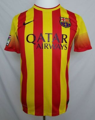Nike Drifit Fc Barcelona Soccer Jersey Mens S Striped Football Qatar Airways Fcb