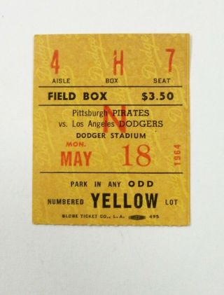 Dodger Stadium Old Ticket Stub 1964 Los Angeles Vs Pittsburgh Pirates Field Box