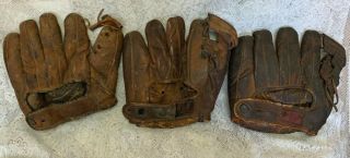 3 Vintage Leather Baseball Gloves 2 Rawlings 1 Wilson.