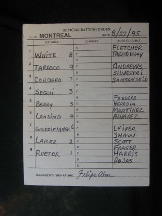 8/27/95 Felipe Alou Signed Montreal Expos Game Lineup Umpire Card 270
