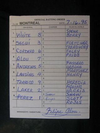 7/16/95 Felipe Alou Signed Montreal Expos Game Lineup Umpire Card 268