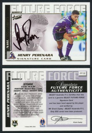 Henry Perenara Authentic Signature 2002 Select Future Force 2 Nrl Card Ff19