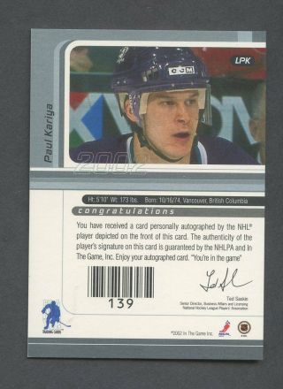 2002 In The Game ITG Signature Series Paul Kariya Signed AUTO 2