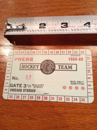 1959 1960 Chicago Black Hawks Chicago Stadium Press Pass Hockey Ticket