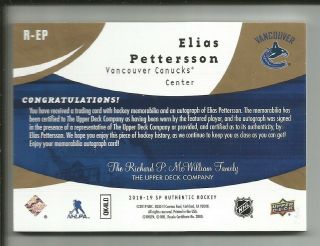Elias Pettersson 2018 - 19 SP Authentic Future Watch Auto RC Card 15/25 2