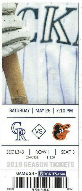 Baltimore Orioles Vs Colorado Rockies Ticket Stub 5/25/19 -