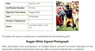 BECKETT - BAS REGGIE WHITE GREEN BAY PACKERS AUTOGRAPHED - SIGNED 8X10 PHOTO A01225 6
