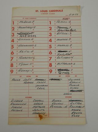 1977 Chicago Cubs At St.  Louis Cardinals Game Lineup Card 5/31 Brock Sutter