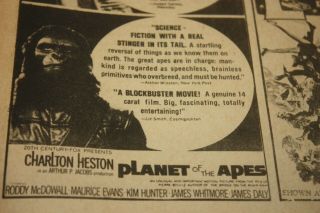 Orig Vtg Newspaper Advs - Planet Of The Apes - Movies/tv Show 1968 - 1970s
