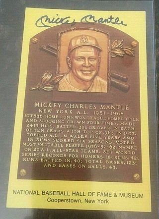 Mickey Mantle Signed Autographed Hof Postcard Plaque (jsa Loa)