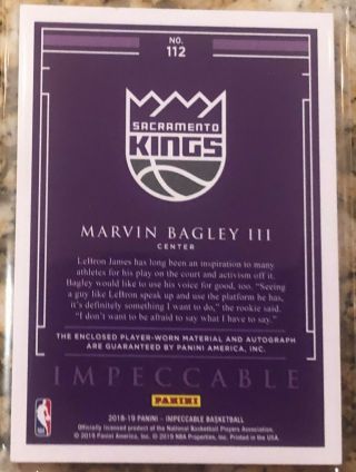 2018 Panini Impeccable Marvin Bagley RPA RC 3 - Color Patch AUTO /99 2