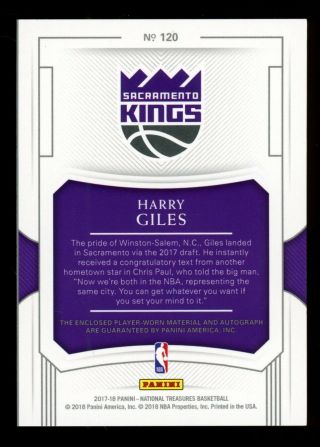 2017 - 18 National Treasures Gold Harry Giles RPA RC 3 - Color Patch AUTO 8/10 2
