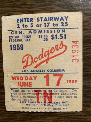 Sandy Koufax Career Win 23 Ticket Stub June 17,  1959 Los Angeles Dodgers Hof