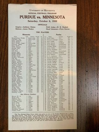 Purdue Vs Minnesota Football Program Played At Minnesota,  10/8/1932