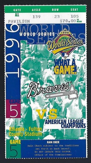 1996 World Series York Yankees @ Atlanta Braves Baseball Ticket Stub Game 5