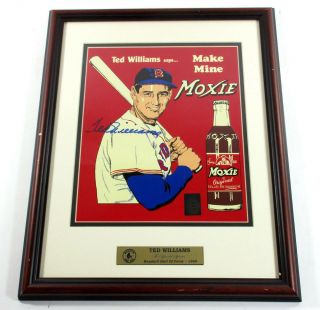 Ted Williams Signed Moxie Ad Tin Sign Matted Framed Green Diamond Auto Df025149