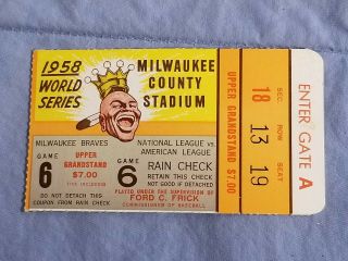 1958 Vtg World Series Ticket Stub Game 6 Yankees Braves Milwaukee County Stadium