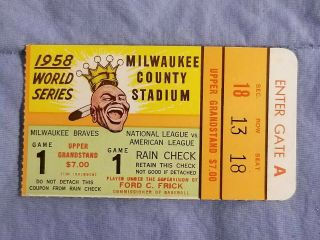 1958 Vtg World Series Ticket Stub Game 1 Yankees Braves Milwaukee County Stadium