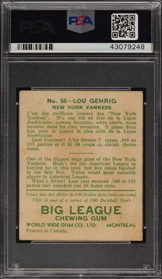 1933 Goudey World Wide Gum Lou Gehrig 55 PSA 2.  5 GD,  (PWCC) 2