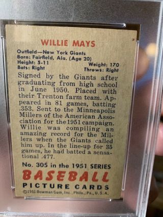 1951 Bowman Willie Mays Rookie RC 305 PSA 3 (MC) 7