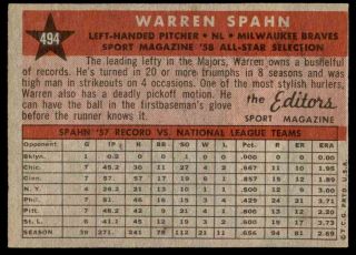 1958 TOPPS 494 WARREN SPAHN BRAVES ALL STAR NM - MT to NM - MT, 2