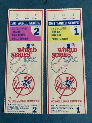 1981 World Series Games 1 & 2 Ticket Stubs Yankee Stadium Vs Dodgers