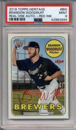 Brandon Woodruff 2018 Topps Heritage Psa 9 Real One Red Rookie Auto /69 Ss8118