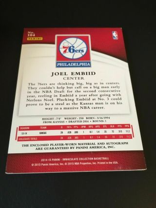 Joel Embiid 2014 - 15 Panini Immaculate RPA Acetate Patch Auto /21 Autograph 2