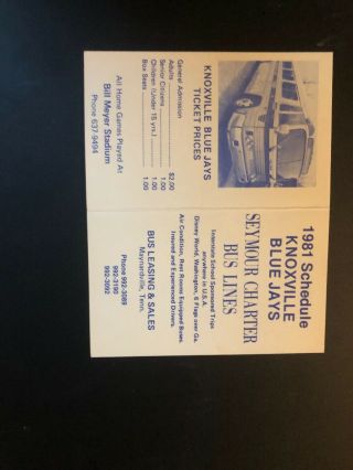 1981 Knoxville Blue Jays Minor League Baseball Pocket Schedule