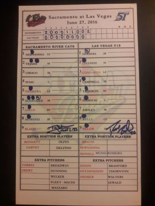 Ty Blach San Francisco Giants Autographed Signed Official Game Lineup Card
