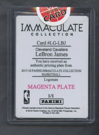 2017 - 18 Immaculate Logoman LeBron James Cavaliers 1/1 Printing Plate 2
