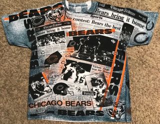 Vtg Chicago Bears Tshirt All Over Print Nfl Front Pages Bowl Mens Size Xl