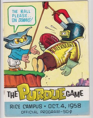 1958 Purdue Boilermakers V Rice Owls Football Program 10/4 Chase Cover Ex,  53287