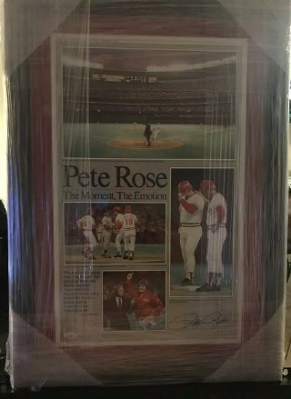 Pete Rose Framed 20 X 29 Autographed Poster Breaking Ty Cobb”s Record.  Jsa Cert