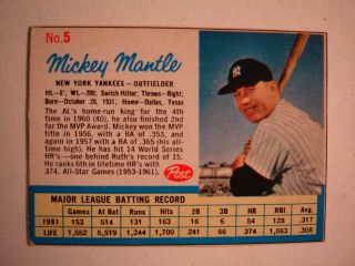 1962 Post,  5 Mickey Mantle,  Of - 10,  Ex/exmt