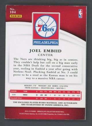 2014 - 15 Immaculate Acetate Joel Embiid RPA RC Rookie Patch AUTO 13/21 2