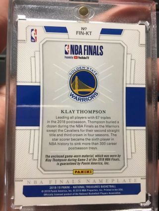 2018 - 19 National Treasures Klay Thompson NBA Finals Nameplate Letter O Patch 1/1 2