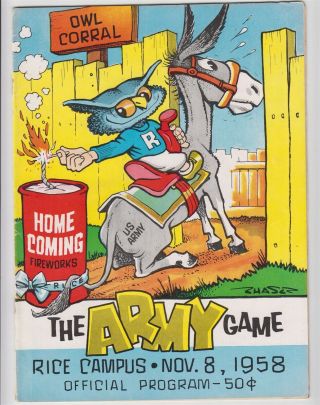 1958 Army V Rice Owls Football Program 11/8 Rice Stadium Chase Cover 53290b31