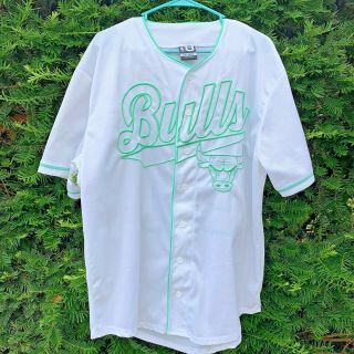 Rare Chicago Bulls Baseball Jersey Shirt Size Xxl Mens White Green Button Front