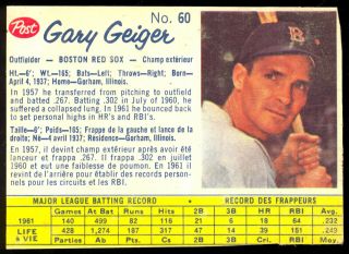 1962 Post Baseball Canadian 60 Gary Geiger Ex - Nm Boston Red Sox Card