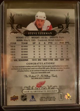 2018 - 19 Artifacts Steve Yzerman Game Jersey /99 2