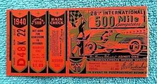 1940 Indy 500 Ticket Stub 28th Annual 500 Mile Race W/gatesman 
