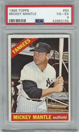 1966 Topps 50 Mickey Mantle Baseball Card Graded Psa 4 / Vg - Ex