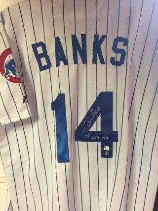 Ernie Banks / Signed Cubs Pinstriped Majestic Jersey / Size L