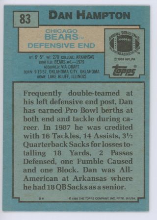 Dan Hampton Autographed Signed 1988 Topps Card 83 Chicago Bears SKU 134729 2
