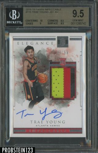 2018 - 19 Panini Impeccable Trae Young Hawks Rpa Rc 3 - Color Patch Auto /99 Bgs 9.  5