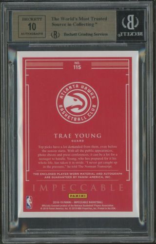2018 - 19 Panini Impeccable Trae Young Hawks RPA RC 3 - Color Patch AUTO /99 BGS 9.  5 2