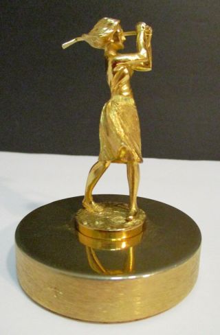 Vintage 3” “gold” Golf Trophy / Desk Paperweight W/ Classy Female Golfer