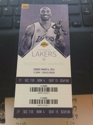 2016 La Lakers Vs Golden State Warriors Ticket Stub 3/6 Kobe Bryant Last Season